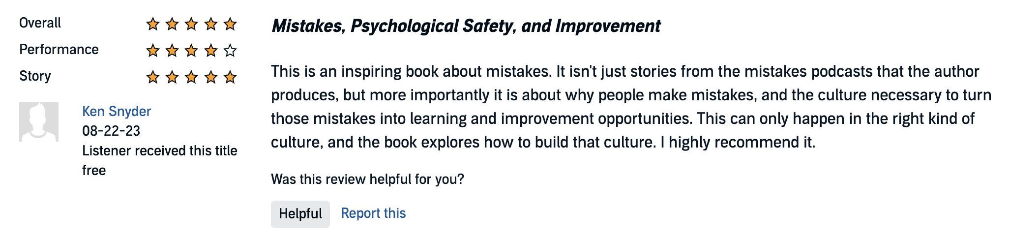 Mistakes, Psychological Safety, and Improvement

This is an inspiring book about mistakes. It isn't just stories from the mistakes podcasts that the author produces, but more importantly it is about why people make mistakes, and the culture necessary to turn those mistakes into learning and improvement opportunities. This can only happen in the right kind of culture, and the book explores how to build that culture. I highly recommend it.


